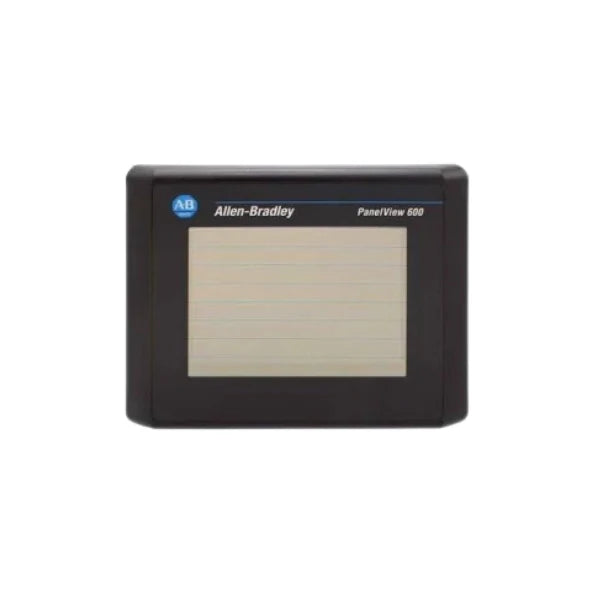 PanelView 600 HMI com tela colorida de 5,7 polegadas, comunicação RS-232 DF1 e fonte de alimentação de 24V DC.