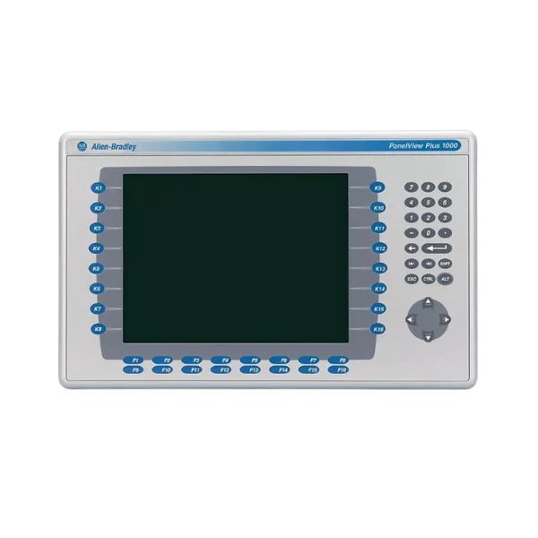 Terminal PanelView Plus 6 com display colorido, teclado e comunicação Ethernet e RS-232 para automação industrial.