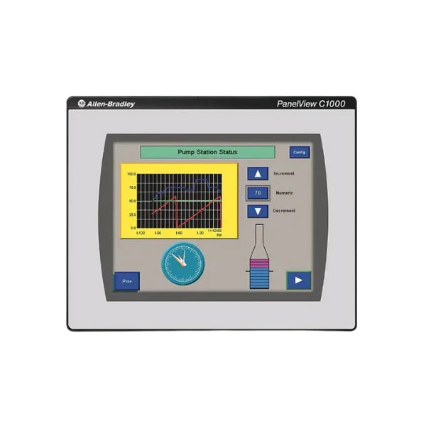 Interface Allen-Bradley 2711C-T10C com tela TFT 10.4 pol e portas RS-232/RS-485/Ethernet, ideal para automação.