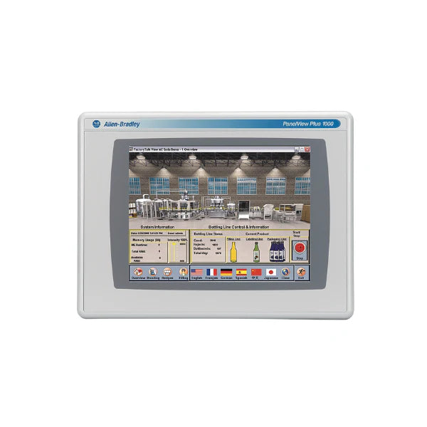 Terminal PanelView Plus 6 Compact com tela colorida sensível e opções de comunicação Ethernet e RS-232, 10,4 polegadas.