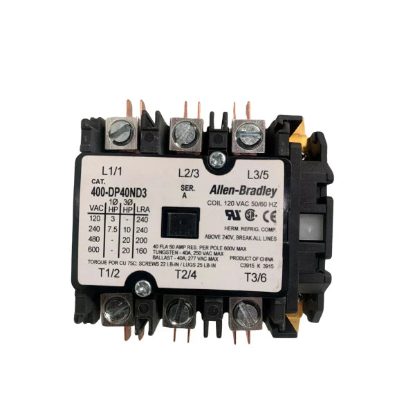 Contator Allen-Bradley 400-DP40ND3, controle de motores e cargas elétricas, 40A, 120V, 3 polos.