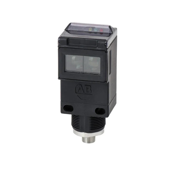 Sensor retro-reflexivo polarizado Allen-Bradley com conector M12, alcance de 16 pés, operação de 10-30V DC.