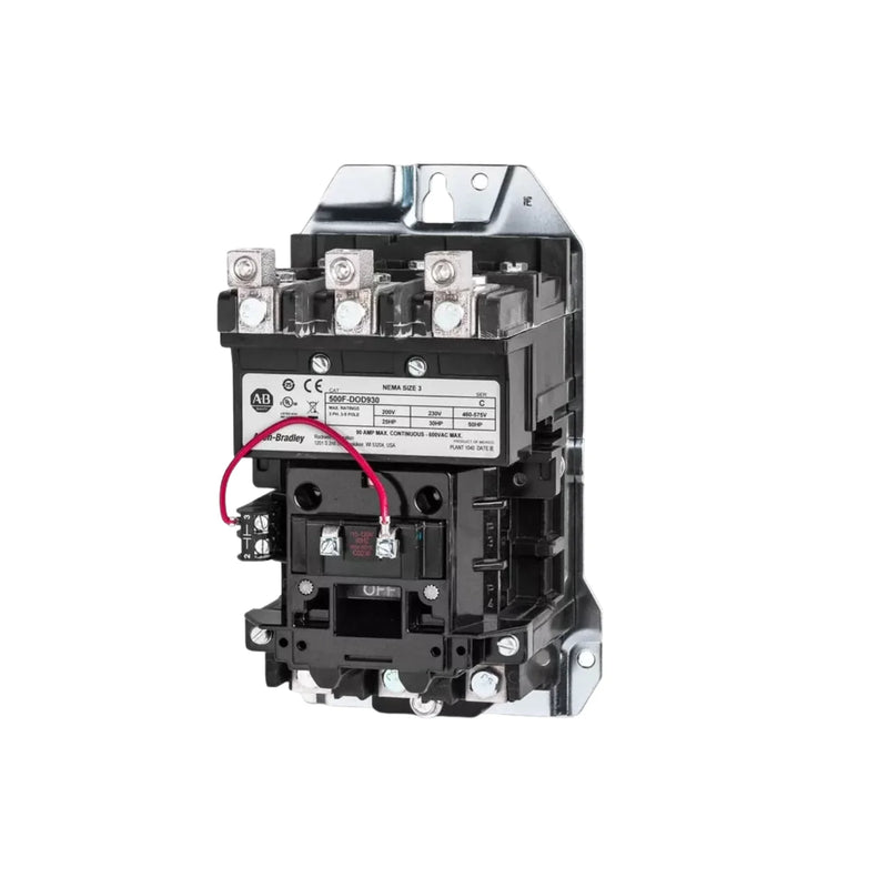 Contator Allen-Bradley 500F-DOD930 NEMA Tamanho 3 com 90A, design passante, bobina 110/120V AC e contato auxiliar.