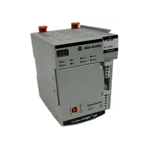 Controlador CompactLogix 5380 com memória 2MB, 16 E/S, controle 8 eixos e 40 nós EtherNet/IP para automação.