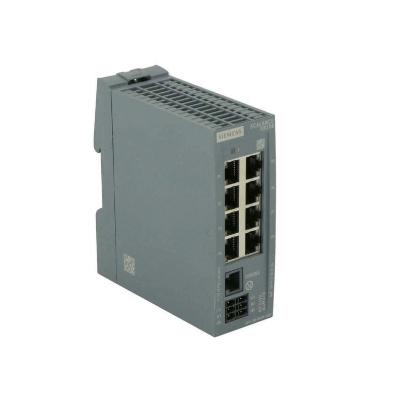 Switch Ethernet Siemens 6GK5208-0BA00-2AB2 para redes de automação industrial com 8 portas.