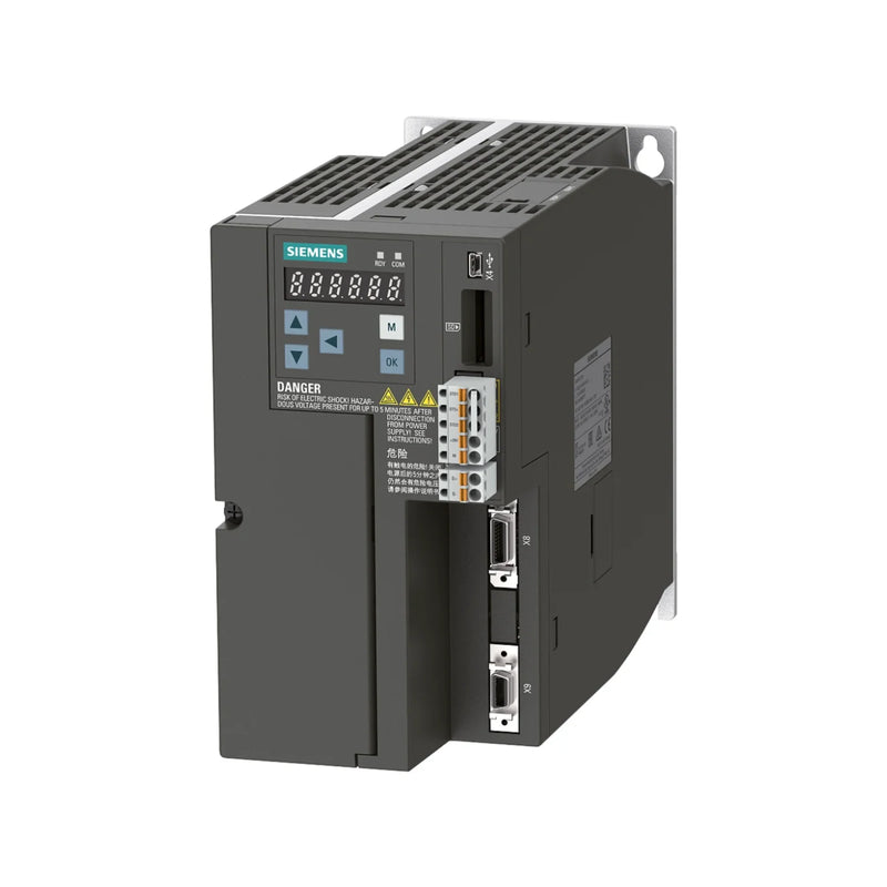 Inversor Siemens 6SL3210-5FE10-8UF0, 22 kW, com PROFINET e STO para controle industrial avançado de motores.