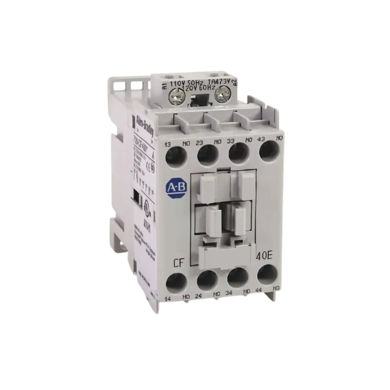 Relé de controle Allen Bradley com 4 contatos N.O. e bobina de 110V/120V para circuitos industriais.