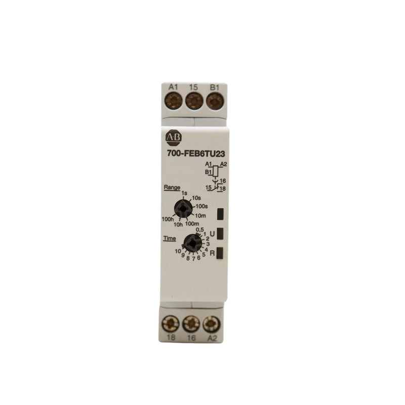 Relé temporizador Allen-Bradley 700-FEB6TU23, 17,5mm, função retardo, 24-48V DC/24-240V AC, contatos SPDT.