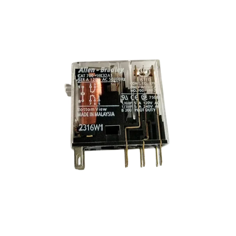 Relé Allen-Bradley 700-HK32A1, configuração DPDT, 120V 50/60Hz, carga de 8A, uso industrial.