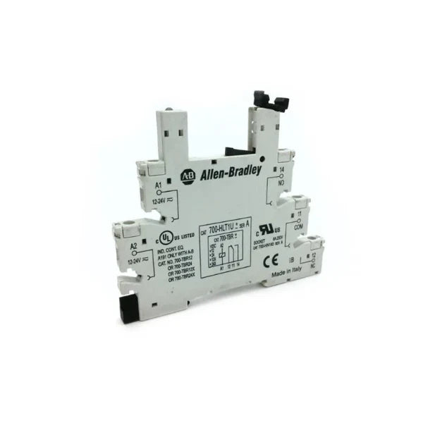 Imagem de um relé eletromecânico Allen-Bradley 700-HLT1U1 com configuração SPDT e terminais de parafuso.