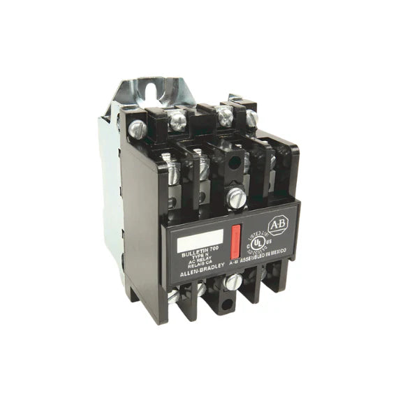 Relé de controle industrial Allen-Bradley 700-N400A1 com bobina dual e 4 contatos N.O., 10A, 300V AC.