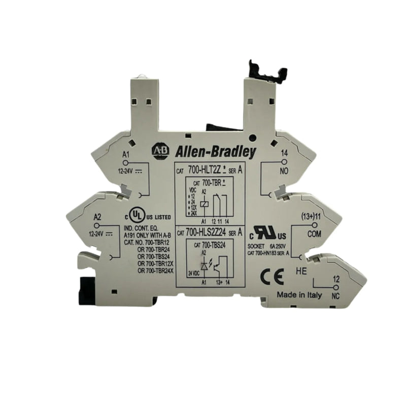 Relé Allen-Bradley 700-HLS2Z24, saída SSR N.O., bobina 24V DC, conexão segura por grampo mola, automação industrial.