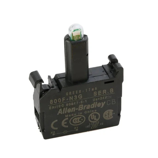 Módulo de Potência Allen-Bradley 800F-N3G com LED Verde integrado para controle industrial confiável em 24V AC/DC.