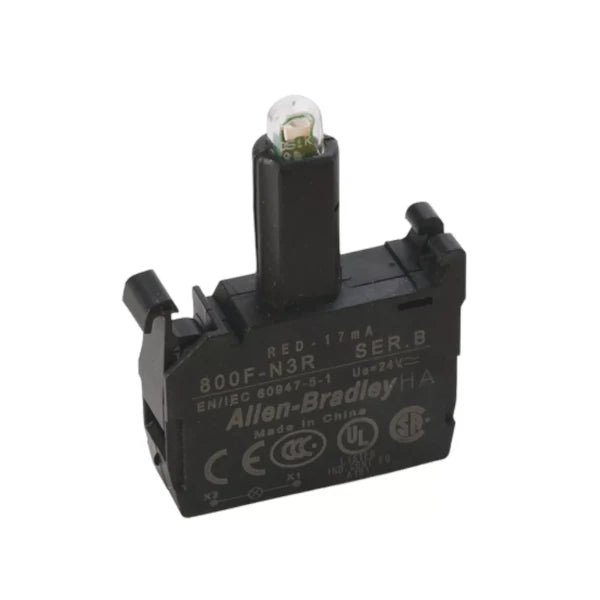 Módulo de Potência Allen Bradley 800F-N3R com lâmpada LED vermelha e montagem de travamento, voltagem 24V AC/DC.
