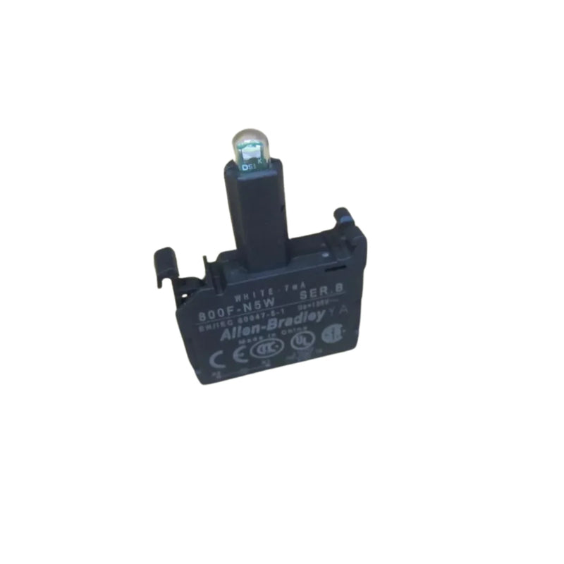 Luz indicadora LED Allen-Bradley 800F-N5W com 120V AC, design montável com trava e luz branca para alta visibilidade.