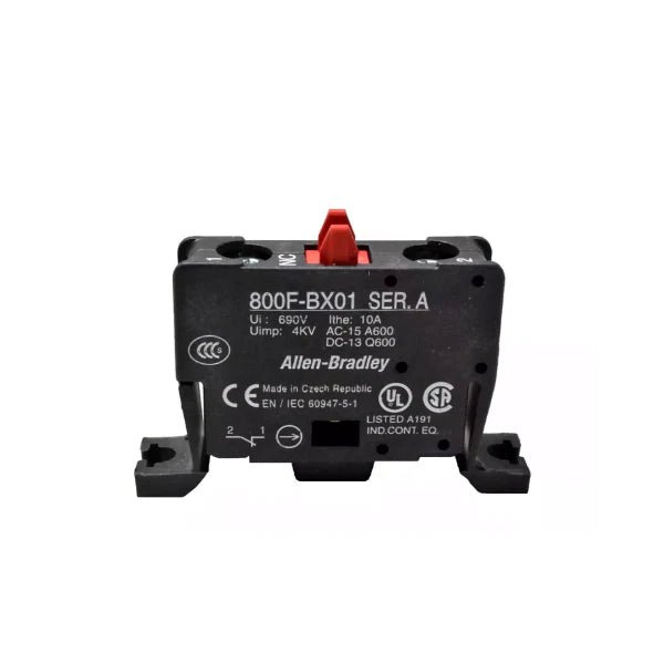 Bloco de contato Allen-Bradley 800F-BX01 com montagem base e configuração 1 N.C., ideais para sistemas de controle.
