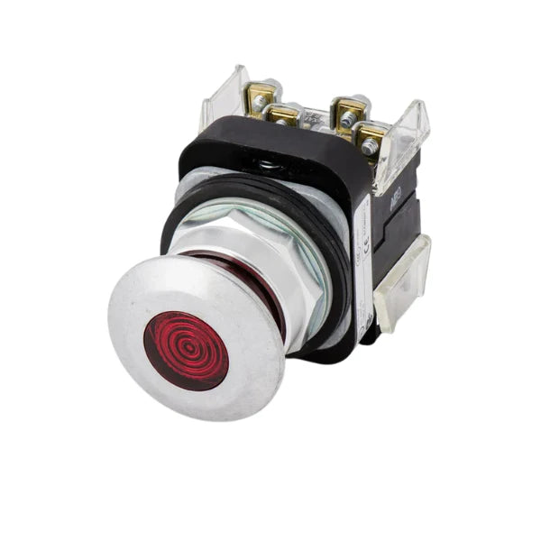 Botão Allen-Bradley 800T-FXQ24RA1, operação empurrar-puxar, 30,5mm, lente vermelha iluminada, uso industrial.