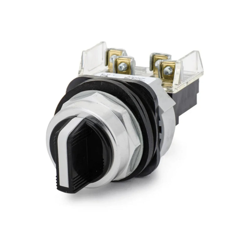 Interruptor seletor Allen-Bradley 800T-J2B de 3 posições para controle em automação industrial com botão branco.