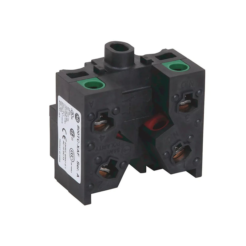 Bloco de contato Allen-Bradley, configuração 1 NA 1 NF, 10A 600V, design seguro para ambientes industriais.