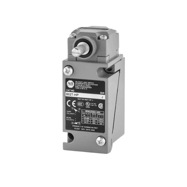 Interruptor de limite Allen-Bradley 802T-HP com construção oiltight NEMA tipo 4 e 13 e design plug-in para controle confiável.