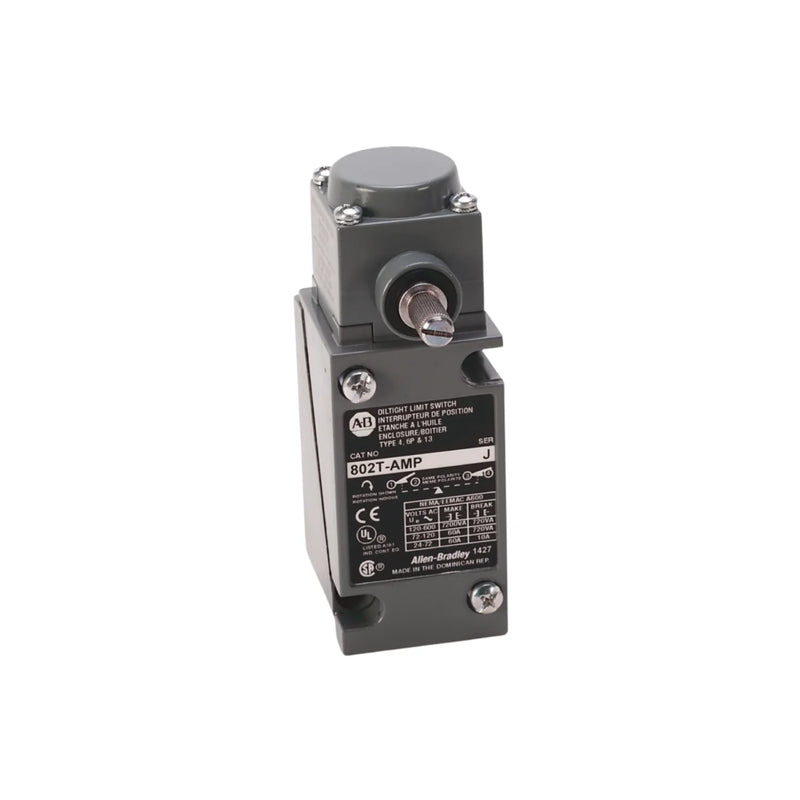 Interruptor de limite Allen Bradley 802T-AMP com braço de alavanca rotativo e montagem NEMA para automação durável.