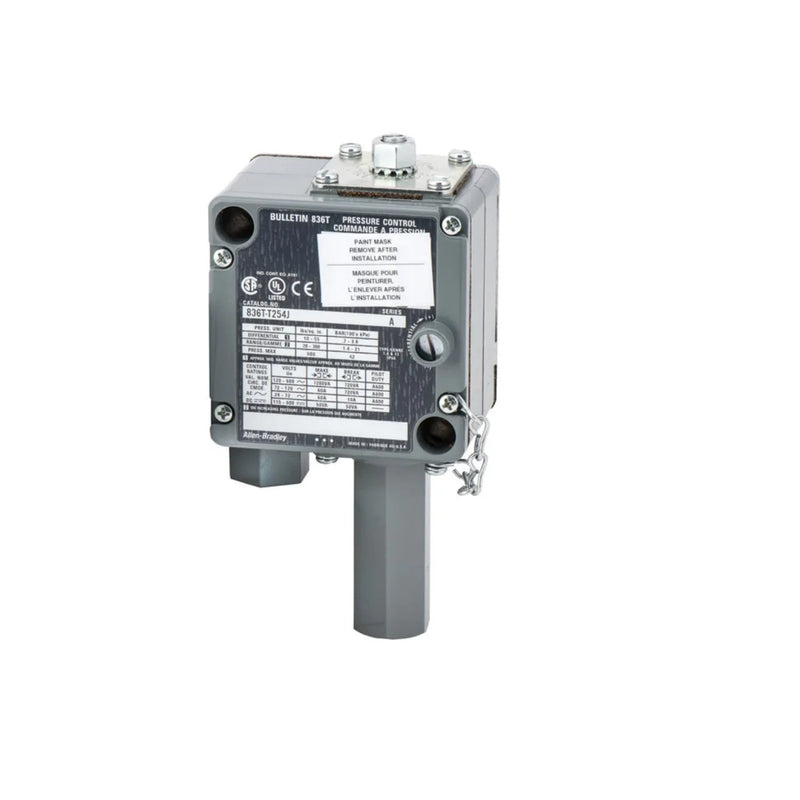 Descrição: interruptor de pressão Allen-Bradley 836T-T254J com contatos SPDT e caixa resistente para aplicações industriais.