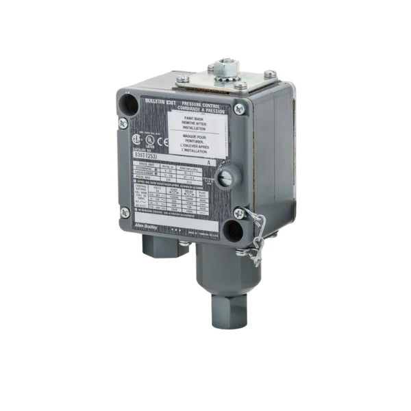 Controle de pressão Allen-Bradley, modelo 836T-T253J, faixa 12-150 psi, robusto para ambientes industriais.