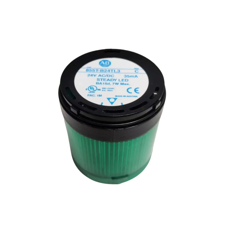 Luz de torre Allen-Bradley 855T-B24TL3, 70mm, LED verde, carcaça preta, montagem em soquete, 24V AC/DC.