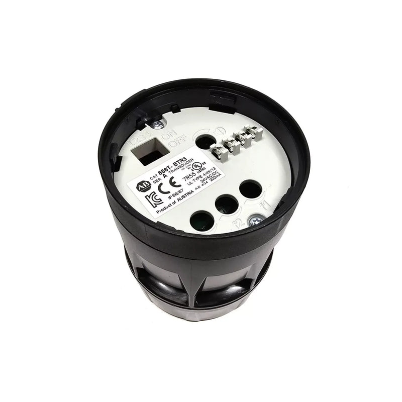 Módulo de som 70mm Allen-Bradley 856T-BTR3, 16 tabelas, 3 circuitos, carcaça preta para sinalização industrial.