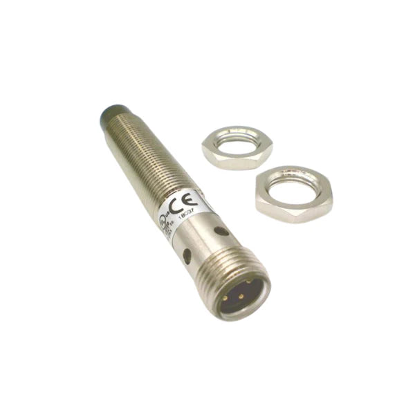 Sensor de Proximidade Allen Bradley 872C com alcance de 8mm, saída PNP e design tubular de 12mm compacto.