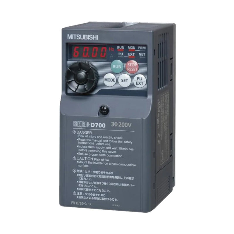 Inversor Mitsubishi FR-D720-1.5K, 1.5 kW, 200–240 V trifásico, filtro EMC embutido, PID, RS‑485, IP20
