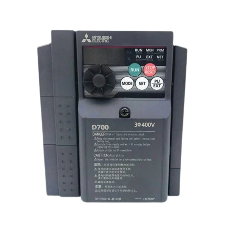 Inversor Mitsubishi FR-D740-0.4K-CHT compacto, 0,4kW, trifásico 380-480V, para controle de motor de baixa potência.