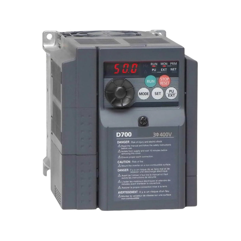 Inversor Mitsubishi FR-D740-3.7K-CHT, 3.7kW, entrada trifásica 400V, VFD compacto com controle vetorial, Série FR-D700.