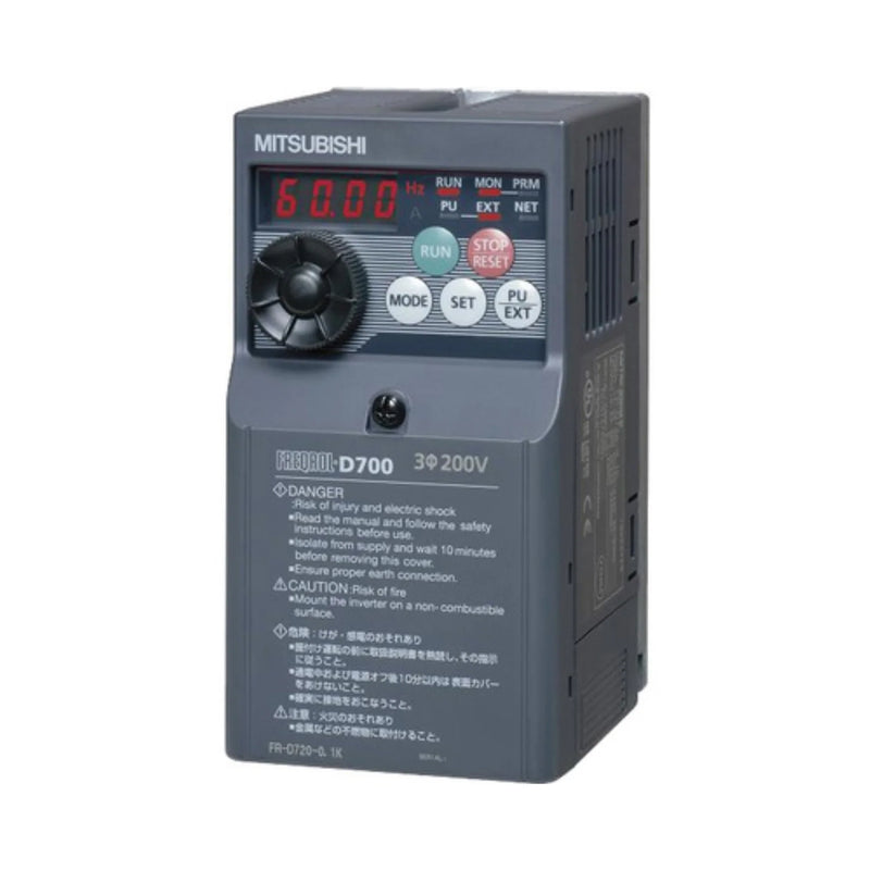 Inversor VFD Mitsubishi FR-D740-5.5K, 5,5 kW, 7,5 HP, 400V trifásico, série D700, controle vetorial sensorless.