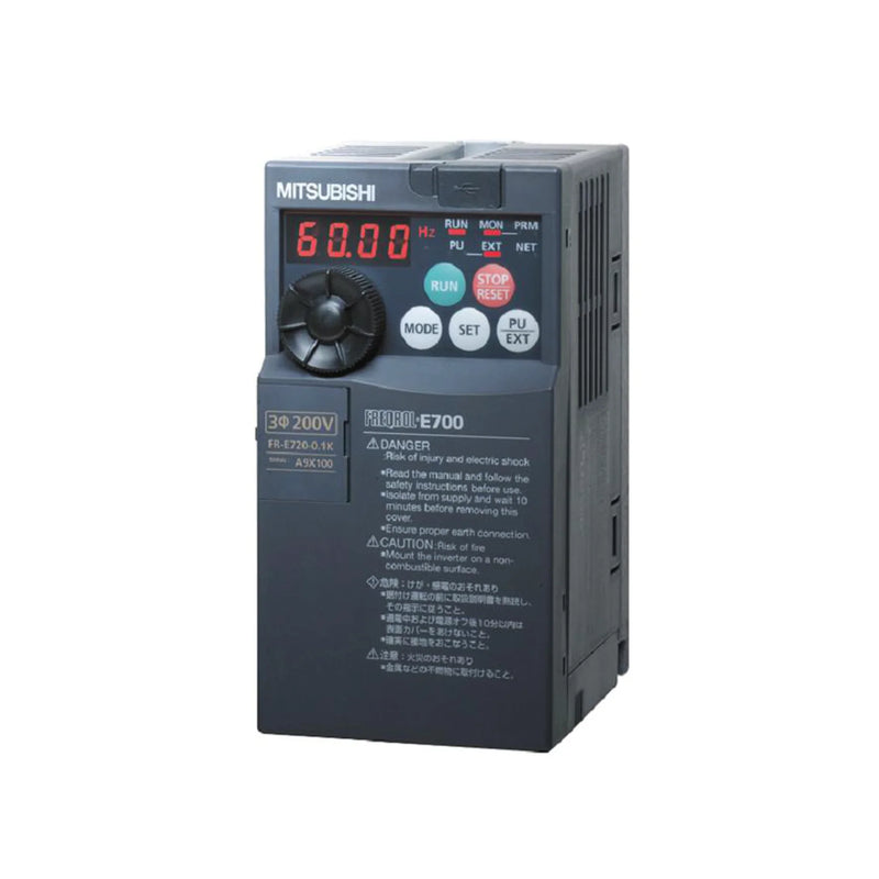 Inversor Mitsubishi FR-E720-0.75K para controle de motor 0,75 kW com entrada 200V monofásica em aplicações compactas.