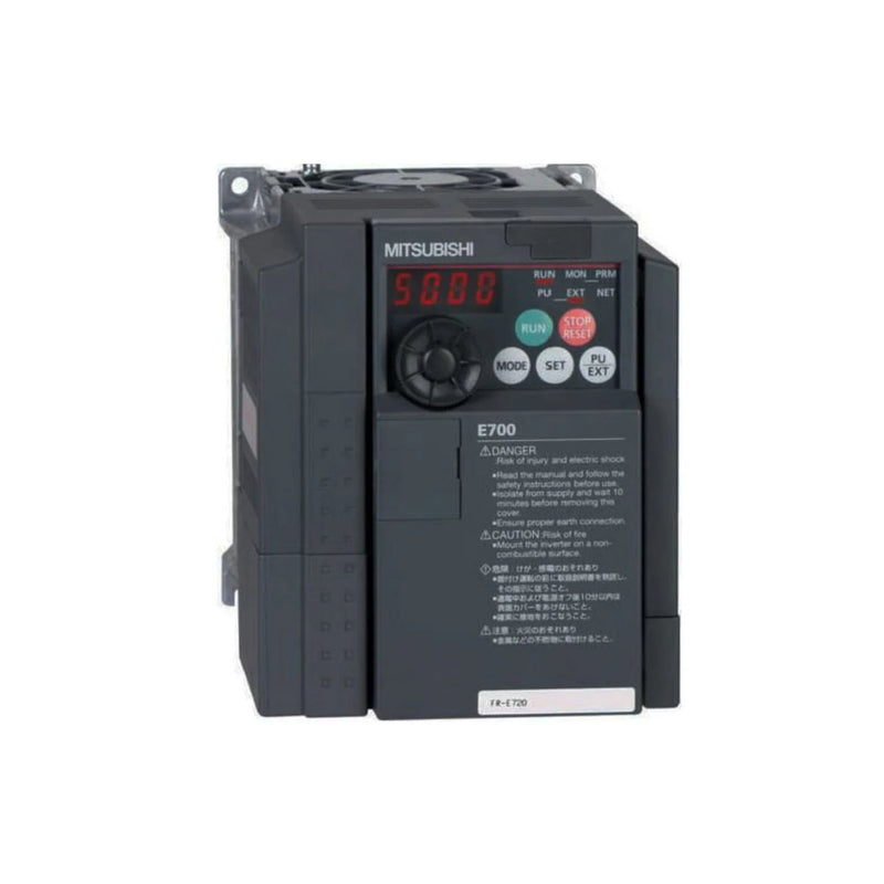 Inversor Mitsubishi FR-E740-0.4K compacto para controle de motor 0,4 kW trifásico 400V em sistemas industriais leves.
