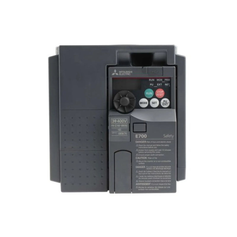 Inversor Mitsubishi FR-E740-3.7K-CHT, 3,7kW, 3-fases 400V, controle V/F, série FR-E700, drive compacto IP20