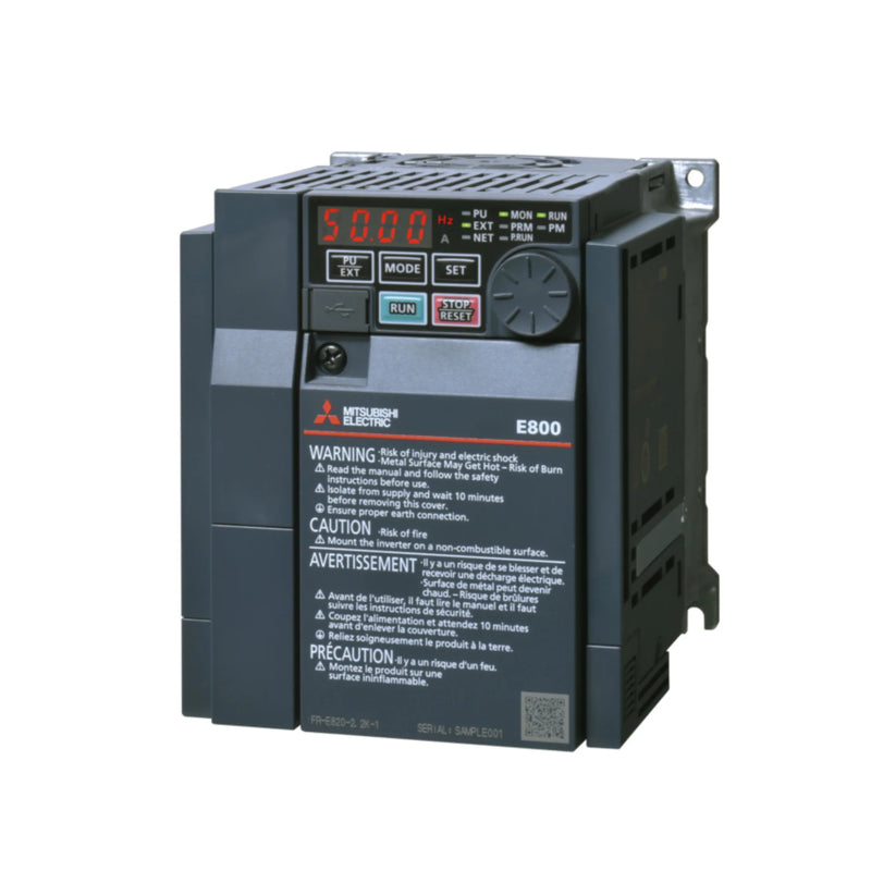 Inversor compacto Mitsubishi FR-E840-0016-4-60, 3.7kVA, trifásico 380–480V, série E800 para controle geral de motores.