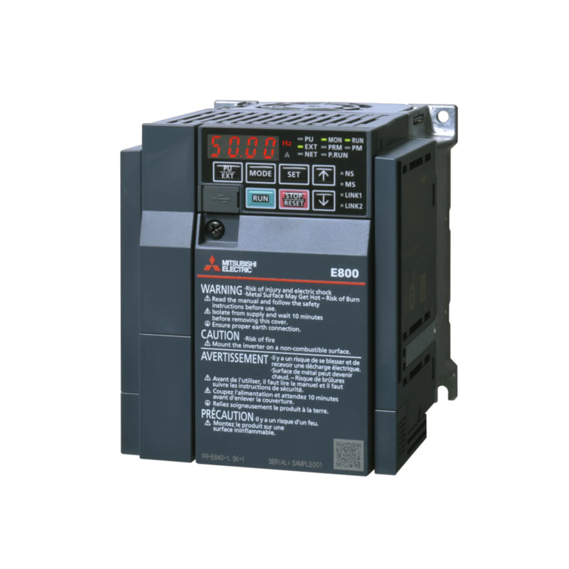 Inversor compacto de 0,75 kW Mitsubishi com Ethernet e PLC para controle de motores trifásicos de 480 V.