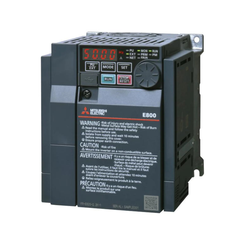 Inversor Mitsubishi FR-E840-0026-4-60, 3,7kW, 380–480V, trifásico, compacto da Série E800 para controle industrial de motores.