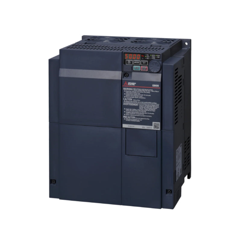 Inversor Mitsubishi 23kW trifásico 380–480V, compacto IP20 da Série FR-E800 para controle de velocidade de motor.