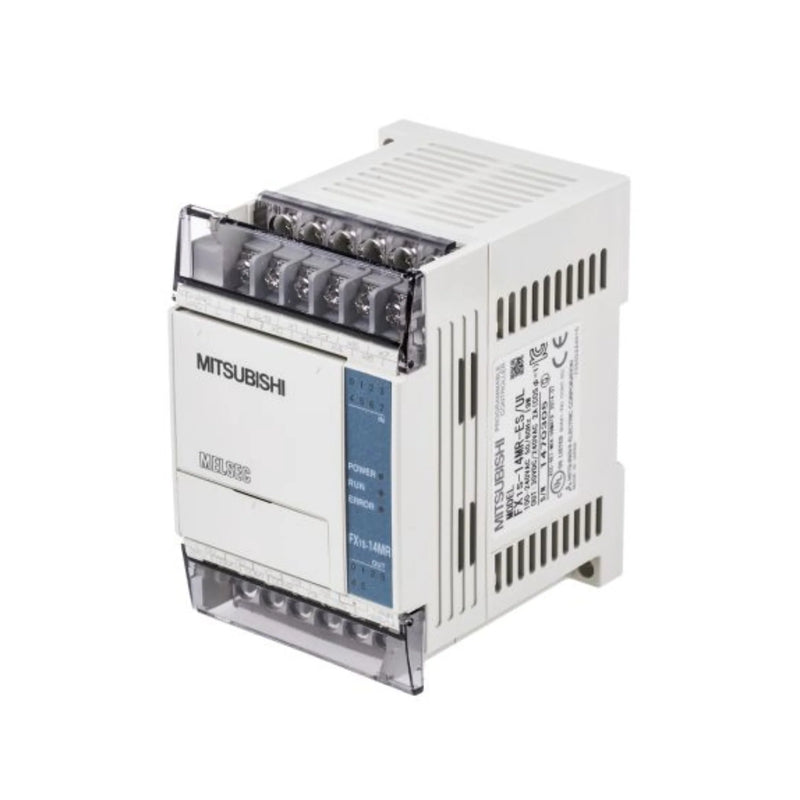 PLC Mitsubishi FX1S-14MR-ES/UL, 14 pontos com 8 entradas digitais e 6 saídas de relé, alimentação de 100–240V AC.