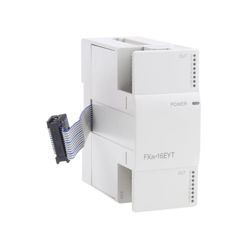 Módulo de saída Mitsubishi FX2N-16EYT com 16 pontos tipo sink para controle de PLC série FX a 24 V DC.