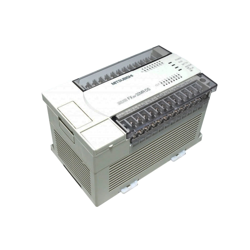 PLC compacto Mitsubishi FX2N-32MR-DS com 32 I/O e saídas de relé para controle industrial confiável.