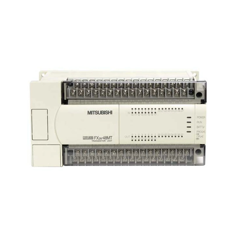 Mitsubishi FX2N-48MT-001 PLC com 48 I/O e saídas de transistor sink para automação industrial compacta.