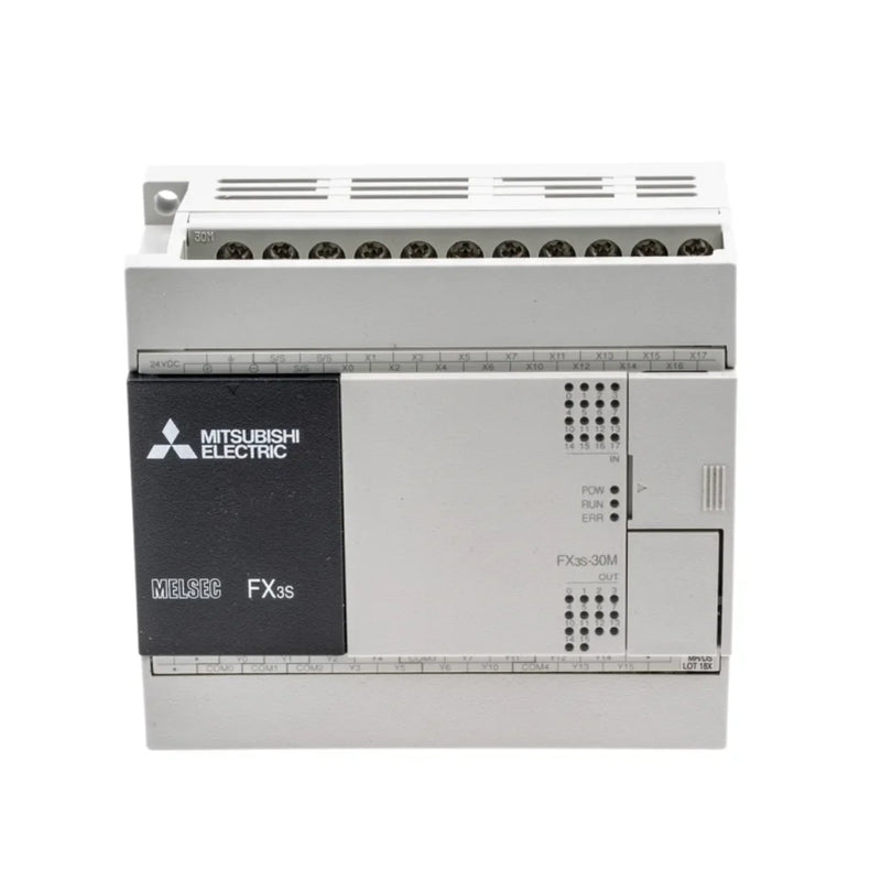 PLC compacto Mitsubishi FX3S-30MR/DS com 16 entradas, 14 saídas de relé e alimentação AC para sistemas pequenos.