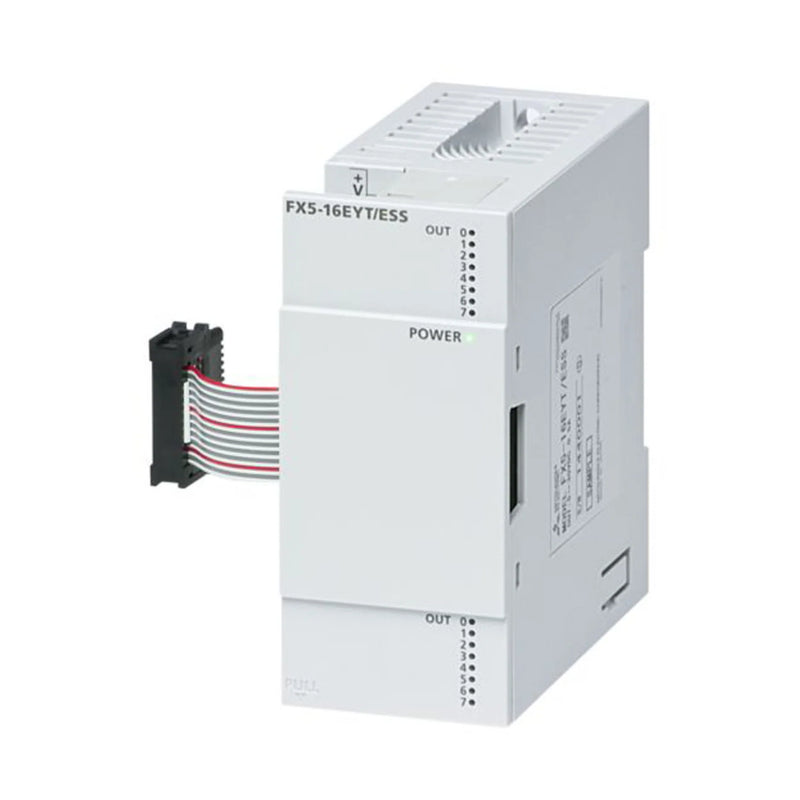 Módulo de saída de relé Mitsubishi FX5-16EYR-ES, 16 pontos para PLC FX5U, alimentado por 24V DC para extensão industrial.