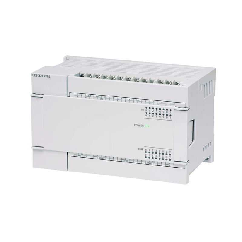 CLP compacto Mitsubishi FX5-32ER/ES com 32 I/O, saídas de relé, Ethernet e fonte de alimentação CA.