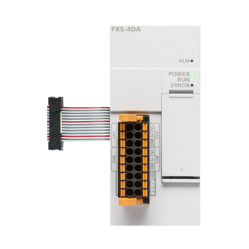 Módulo de saída analógica Mitsubishi FX5-4DA, 4 canais, saída 0–10V e 4–20mA, resolução de 12 bits, para PLCs FX5U.