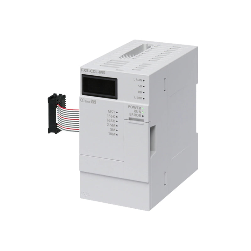 Módulo master Mitsubishi FX5-CCL-MS CC-Link, comunicação rápida para PLCs FX5U/FX5UC, compacto e montável em trilho DIN.